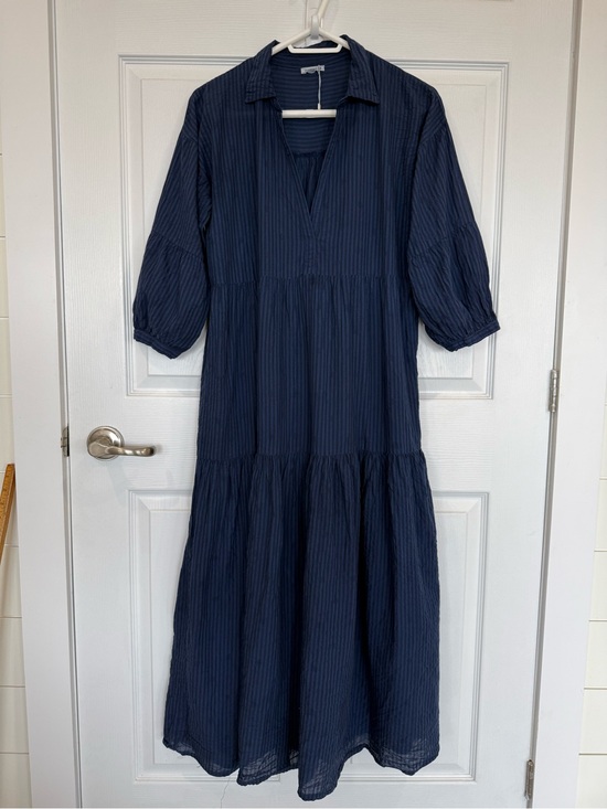 Natura Dresses & Skirts - Natura Navy Blue Tiered V-Neck Dress puffy sleeves cotton blend lightweight maxi